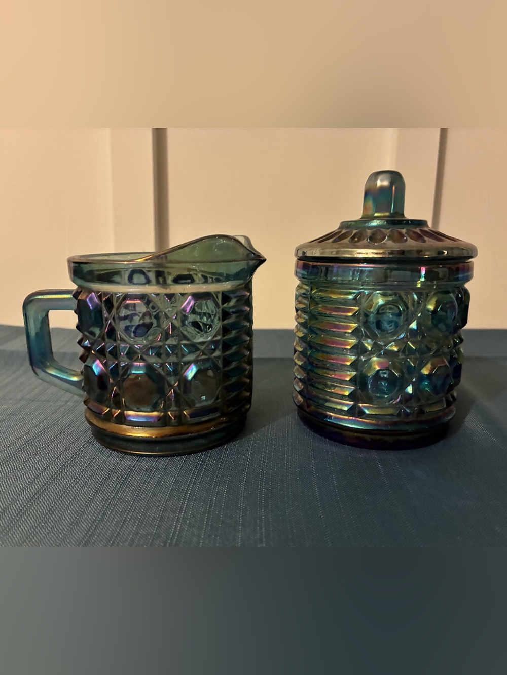 Vintage Indiana Blue Carnival Glass Creamer & Sugar Set 1314